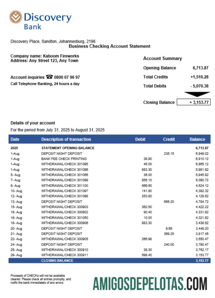 Em branco South African Discovery Business Checking modelo de extrato de conta Word e PDF